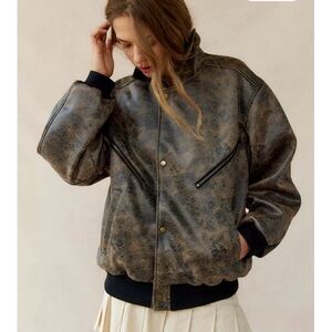 Urban Outfitters Distressed Faux Leather Bomber Jacket Women’s Large Brown Black